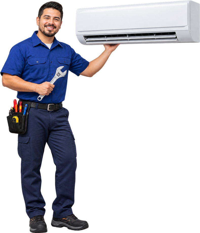 Técnico de servicio sosteniendo un aire acondicionado mini split