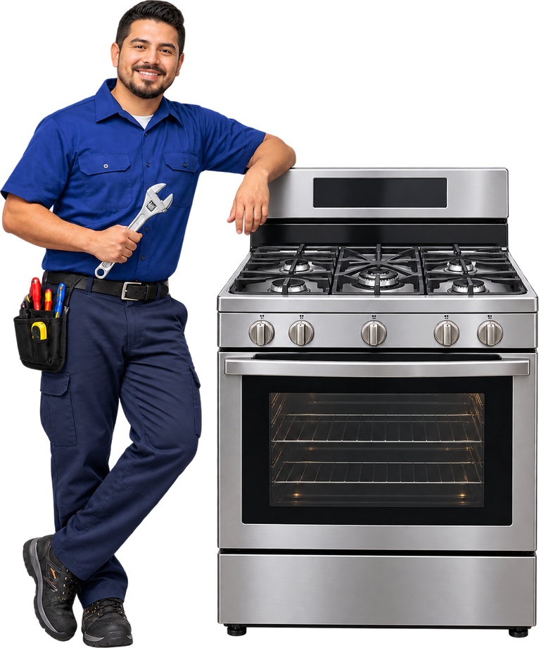 Técnico de servicio junto a una estufa