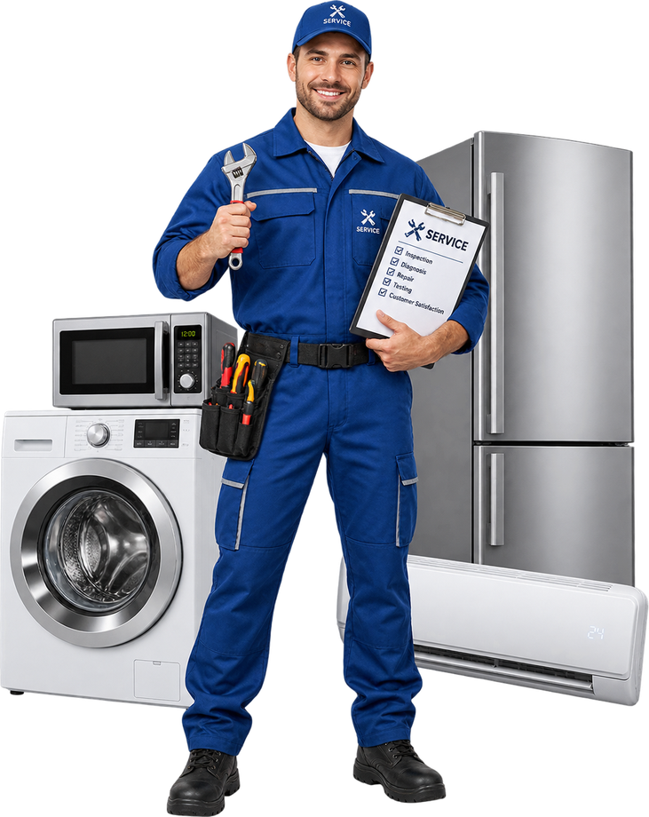 Técnico de servicio con herramientas junto a una lavadora, un microondas, una nevera y un aire acondicionado