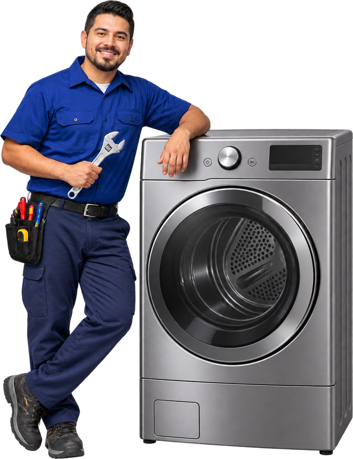 Técnico de servicio junto a una secadora