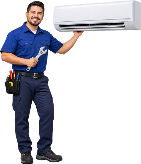 Técnico de servicio sosteniendo un aire acondicionado mini split