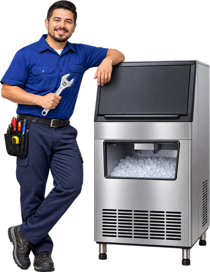 Técnico de servicio junto a una máquina de hielo
