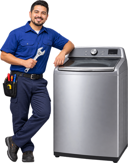 Técnico de servicio junto a una lavadora